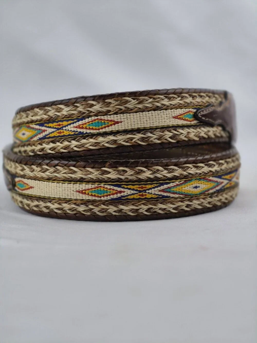 Tony Lama Aged Bark Leather Badlands Belt Horse Hair Nylon Inlay Western 38